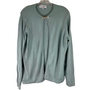 Petite Sophisticate Green Cashmere Silk Blend Embellished Clasp Cardigan Sweater